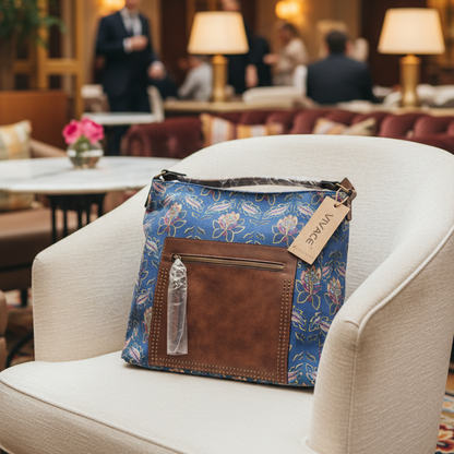 Vivace Handbag: Blue Floral Canvas Tote Bag with Brown PU Leather Trim lifestyle
