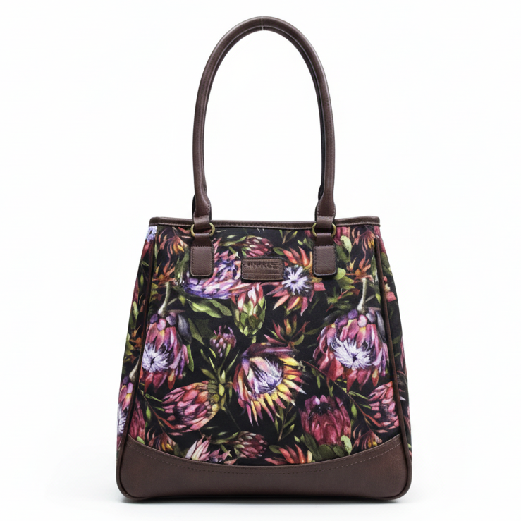 Vivace Handbag: Chocolate Brown Protea Canvas bag with Brown PU Leather Trim FRONT