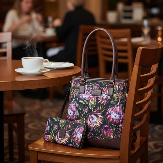 Vivace Handbag: Chocolate Brown Protea Canvas bag with Brown PU Leather Trim HERO