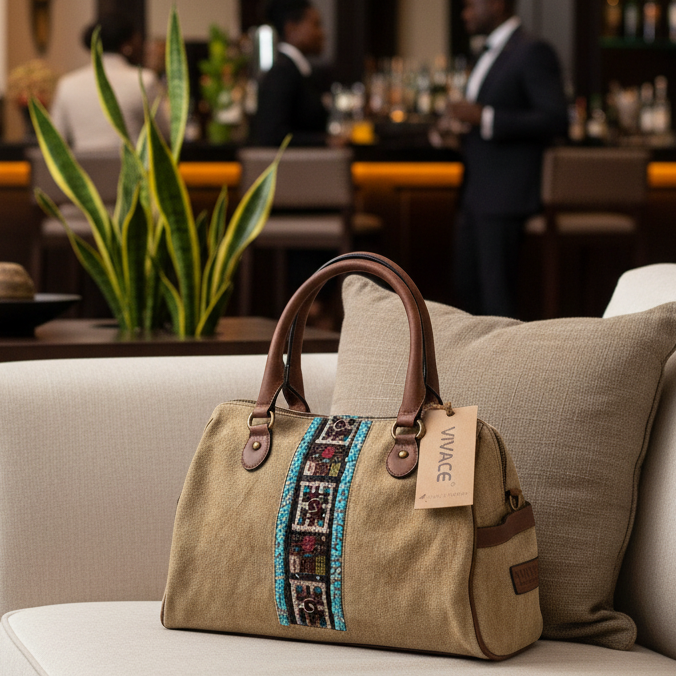 Vivace Handbag: Khaki Bohemian Art Canvas Handbag with PU Leather Trim DISPLAY