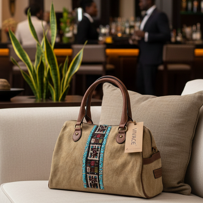 Vivace Handbag: Khaki Bohemian Art Canvas Handbag with PU Leather Trim DISPLAY