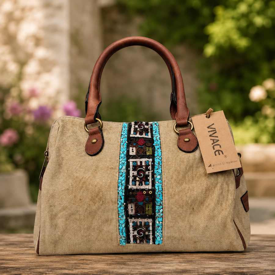 Vivace Handbag: Khaki Bohemian Art Canvas Handbag with PU Leather Trim HERO