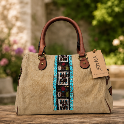 Vivace Handbag: Khaki Bohemian Art Canvas Handbag with PU Leather Trim HERO