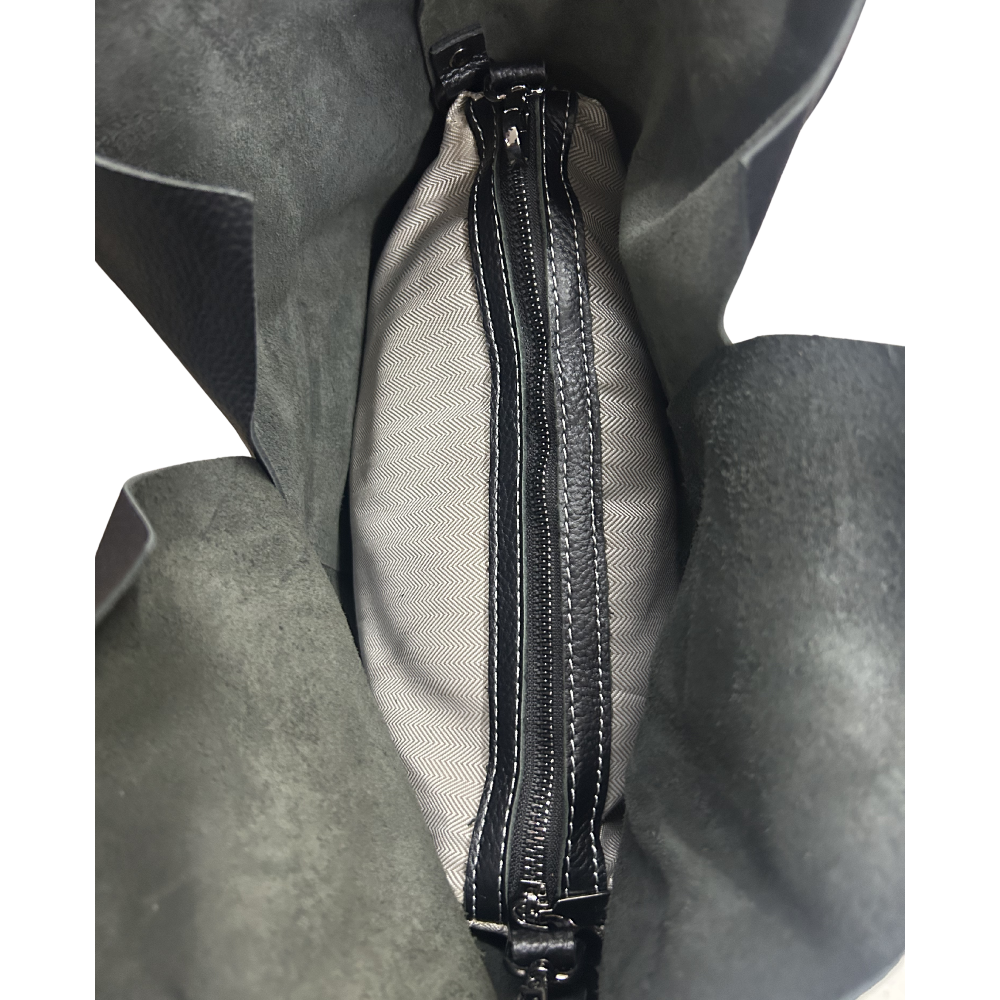 Vivace Handbag: Large BLACK Genuine Leather Shopper Bag with TWIN Handles INDIDE ZIPPED BAG