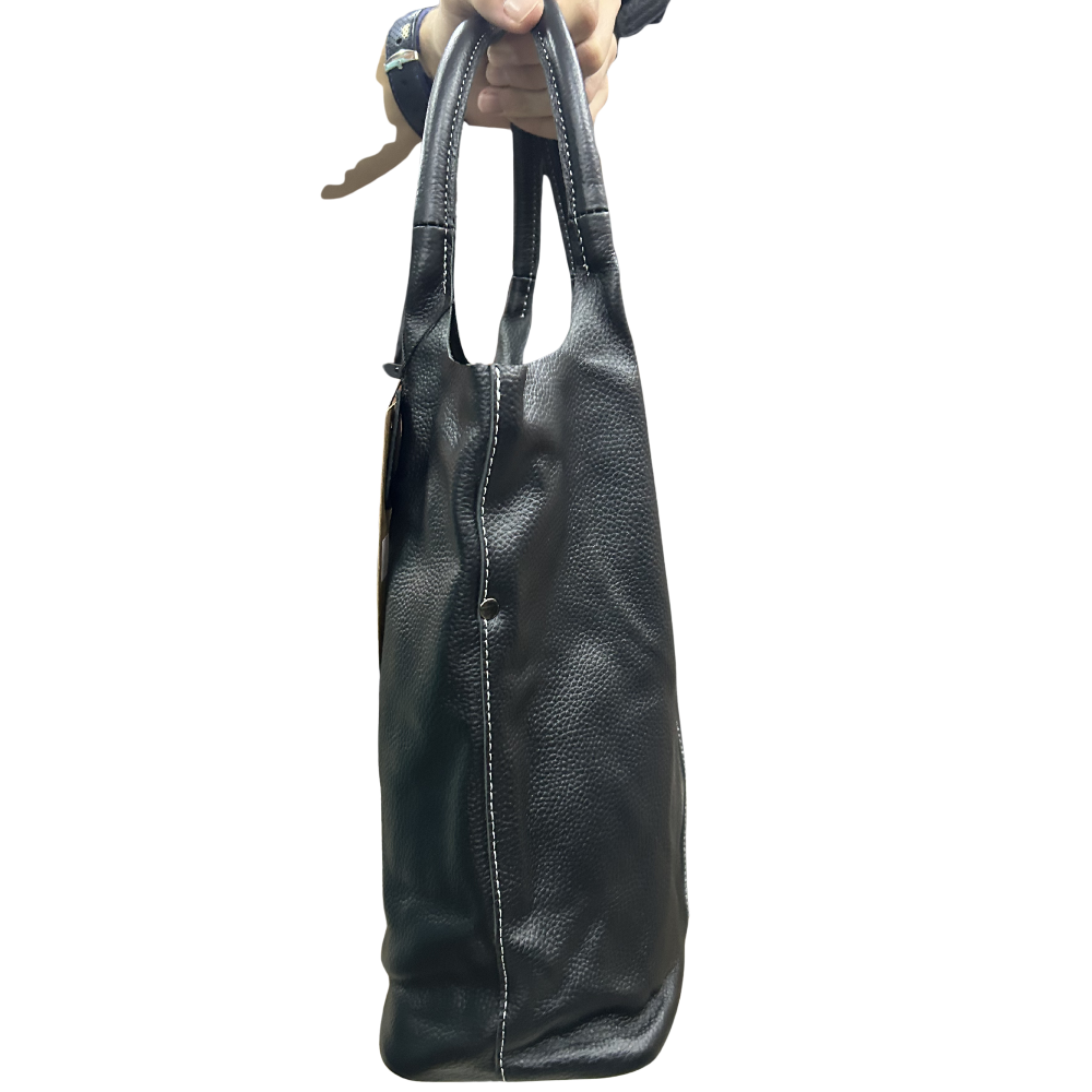 Vivace Handbag: Large BLACK Genuine Leather Shopper Bag with TWIN Handles SIDE