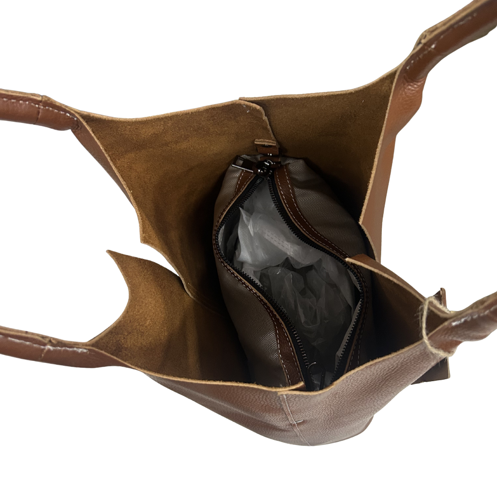 Vivace Handbag: Large TAN Genuine Leather Shopper Bag with TWIN Handles OPEN TOP VIEW