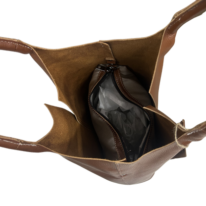 Vivace Handbag: Large TAN Genuine Leather Shopper Bag with TWIN Handles OPEN TOP VIEW