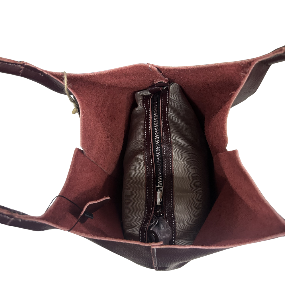 Vivace Handbag: Large WINE RED Genuine Leather Shopper Bag with TWIN Handles OPEN TOP VIEW