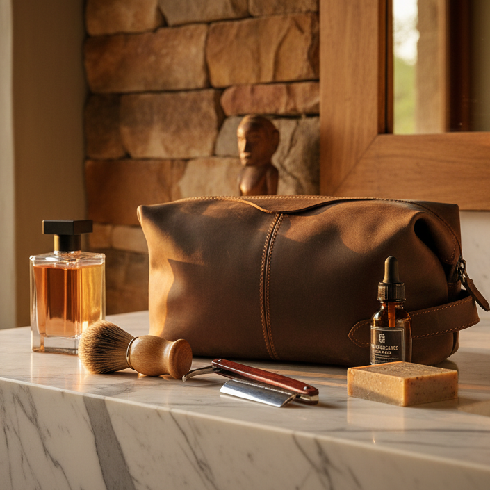 Vivace Men's Toiletry Bag: Prestige LARGE COFFEE BROWN Genuine Leather Vanity Bag HERO