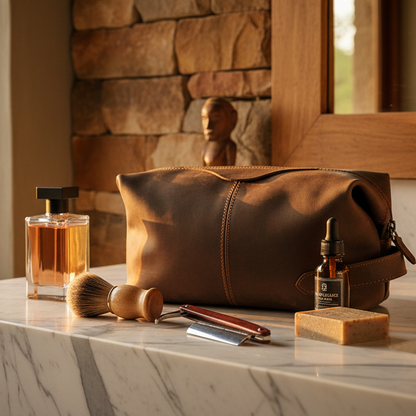 Vivace Men's Toiletry Bag: Prestige LARGE COFFEE BROWN Genuine Leather Vanity Bag HERO
