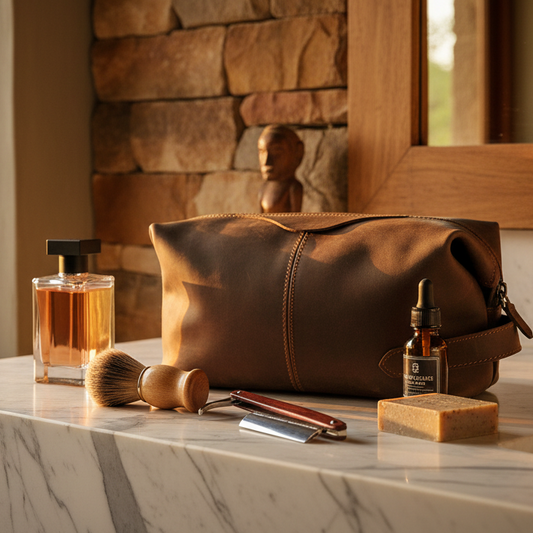 Vivace Men's Toiletry Bag: Prestige LARGE COFFEE BROWN Genuine Leather Vanity Bag HERO