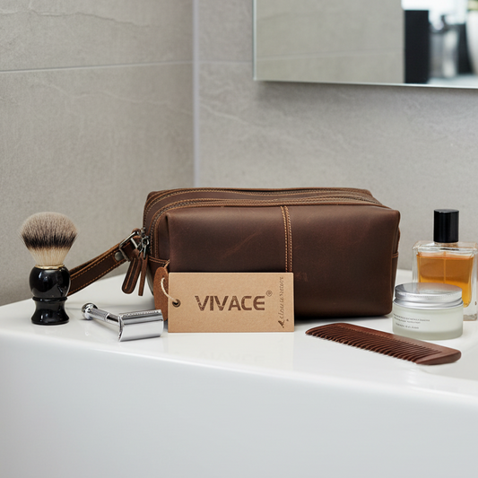 Vivace Men's Toiletry Bag: Prestige MOCHA BROWN Genuine Leather Vanity Bag HERO