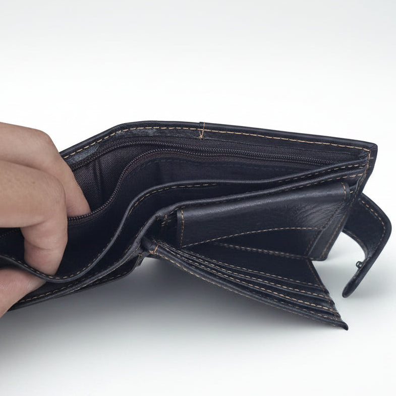 Vivace Men's Wallet: BLACK Genuine Leather Wallet with Clip and Inner Zip POCKETS