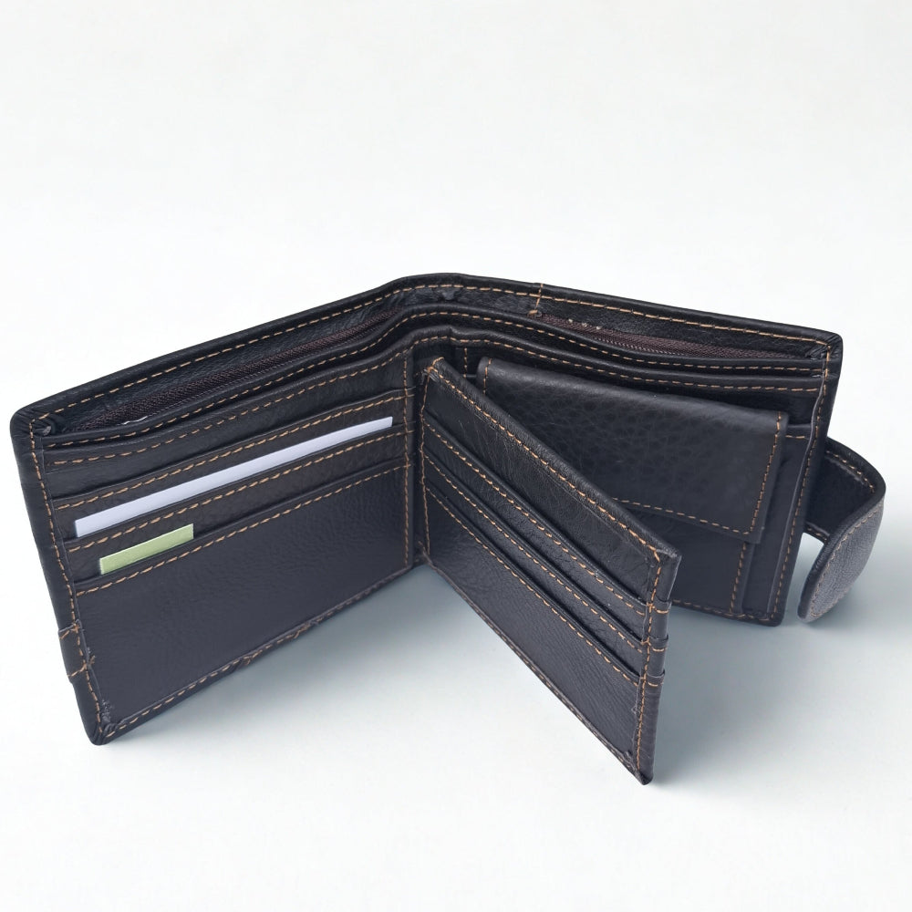 Vivace Men's Wallet: BLACK Genuine Leather Wallet with Clip and Inner Zip detailing