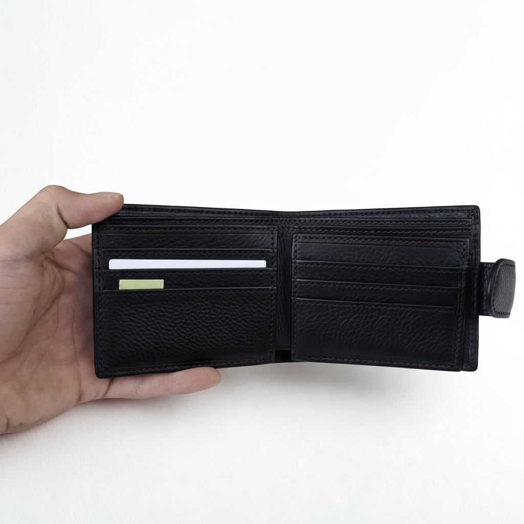 Vivace Men's Wallet: BLACK Genuine Leather Wallet with Clip and Inner Zip detailing OPE CARD SLOTS
