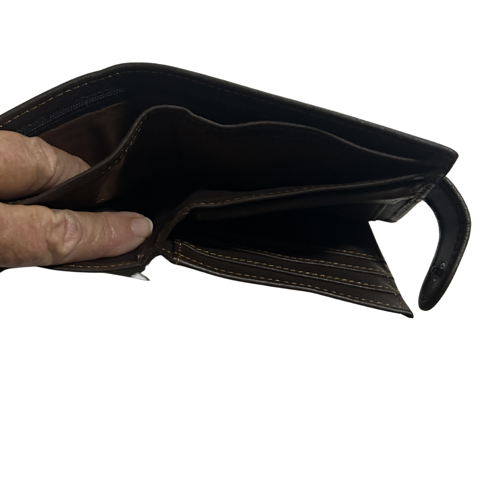 Vivace Men's Wallet: COFFEE BROWN Genuine Leather Wallet with Clip and TOPSTICH BACK NOTE POCKET OPEN