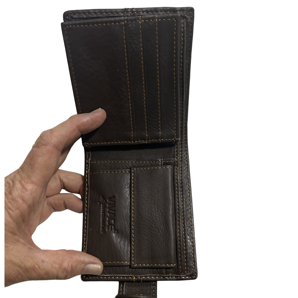 Vivace Men's Wallet: COFFEE BROWN Genuine Leather Wallet with Clip and TOPSTICH INSIDE