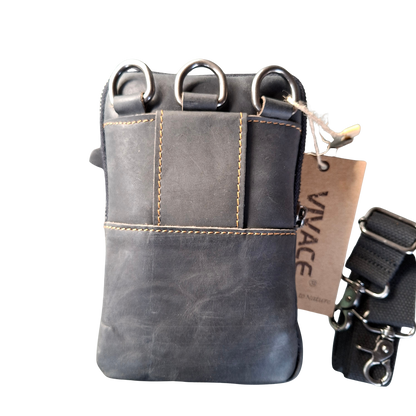Vivace Mini Sling Bag: BLACK Genuine Leather Compact Crossbody with Adjustable Strap BACK