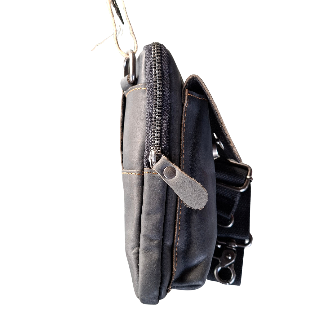 Vivace Mini Sling Bag: BLACK Genuine Leather Compact Crossbody with Adjustable Strap SIDE VIEW