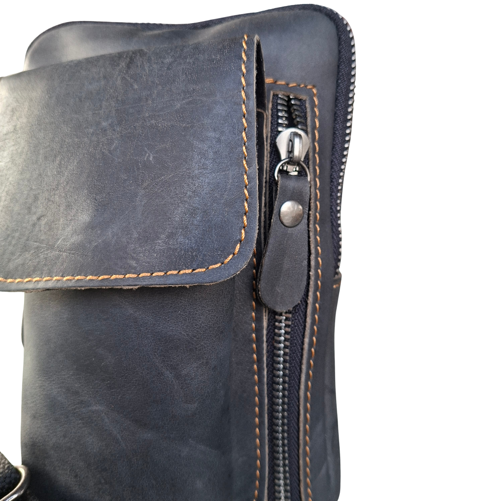 Vivace Mini Sling Bag: BLACK Genuine Leather Compact Crossbody with Adjustable Strap SIDE ZIP VIEW