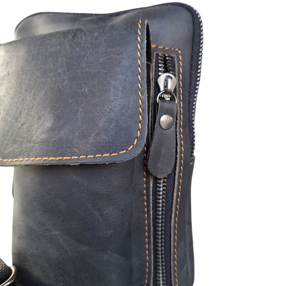 Vivace Mini Sling Bag: BLACK Genuine Leather Compact Crossbody with Adjustable Strap SIDE ZIP VIEW