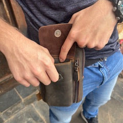 Vivace Mini Sling Bag: COFFEE BROWN Genuine Leather Compact Crossbody with Adjustable Strap - open view cellphone compartment.