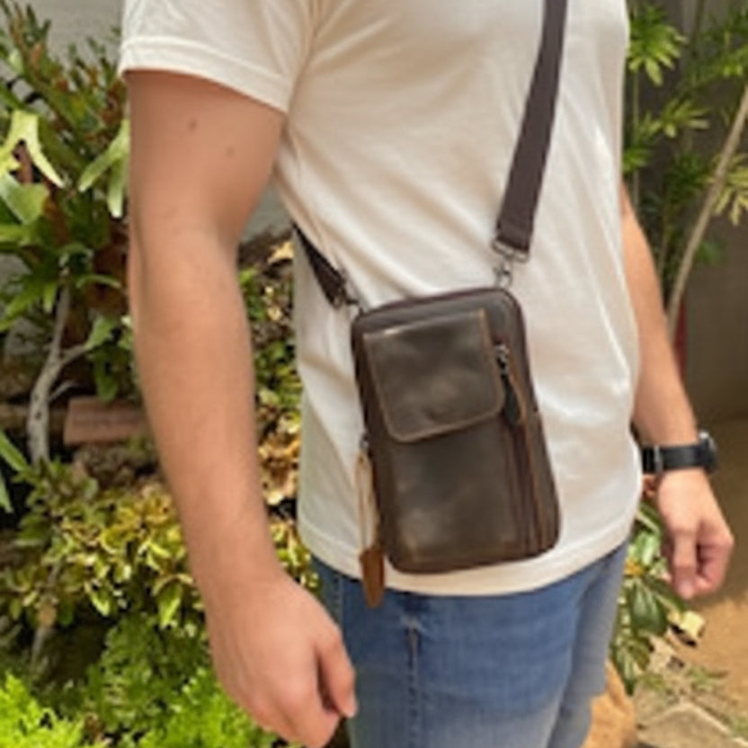 Vivace Mini Sling Bag: FOREST BROWN Genuine Leather Compact Crossbody with Adjustable Strap worn