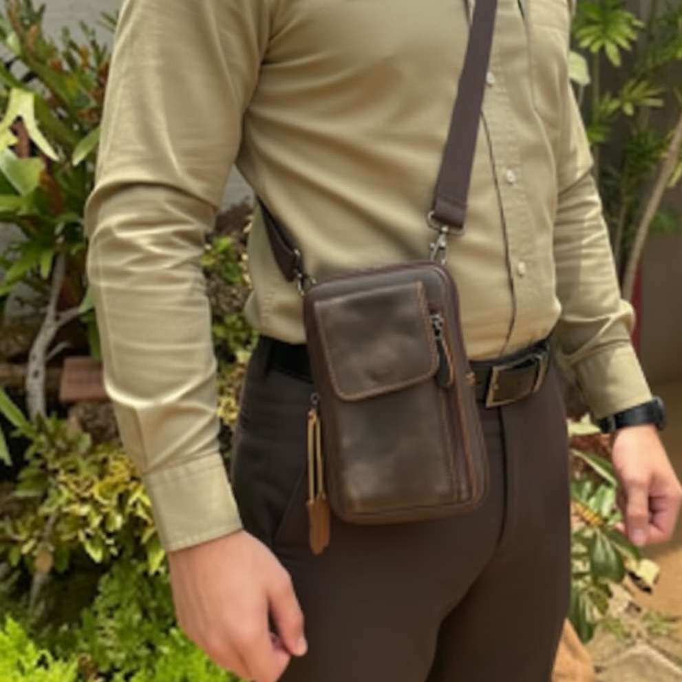 Vivace Mini Sling Bag: REDDISH BROWN Genuine Leather Compact Crossbody with Adjustable Strap OVER THE SHOULDER
