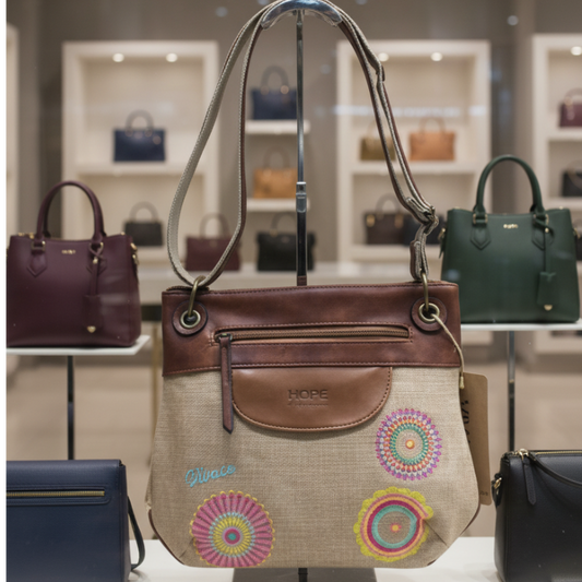 Vivace Sling Bag: BEIGE Hessian and Leather bag with Embroidery