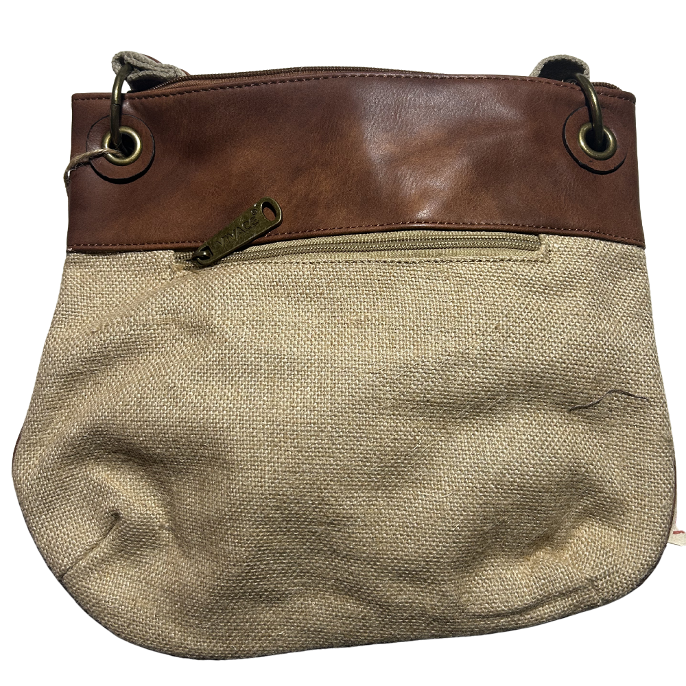 Vivace Sling Bag: BEIGE Hessian and Leather bag with Embroidery BACK