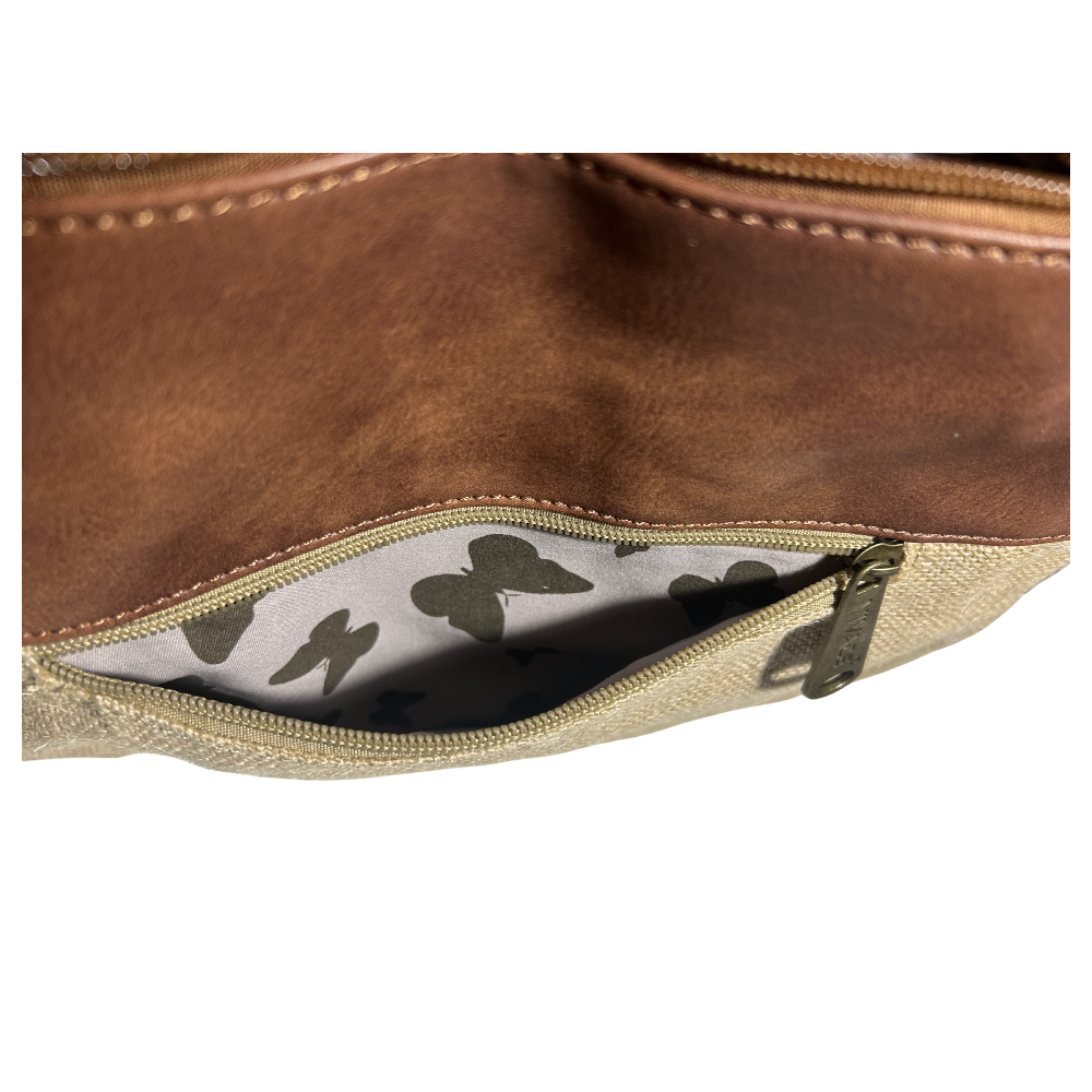 Vivace Sling Bag: BEIGE Hessian and Leather bag with Embroidery FRONT POCKET VIEW