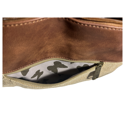 Vivace Sling Bag: BEIGE Hessian and Leather bag with Embroidery FRONT POCKET VIEW