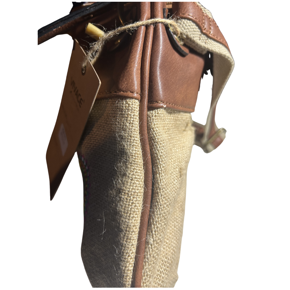 Vivace Sling Bag: BEIGE Hessian and Leather bag with Embroidery SIDE VIEW