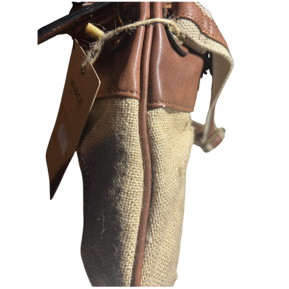 Vivace Sling Bag: BEIGE Hessian and Leather bag with Embroidery SIDE VIEW