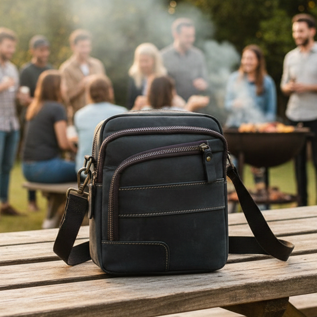 Vivace Sling Bag: BLACK Unisex Genuine Leather Sling Bag with FRONT ZIP lifestyle