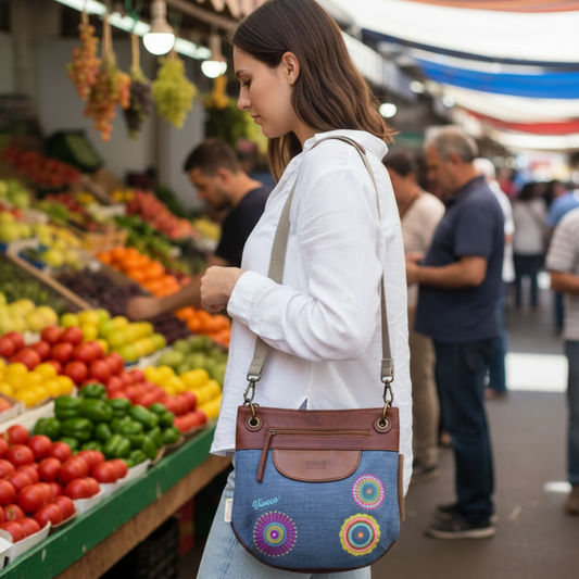 Vivace Sling Bag: BLUE Hessian and Leather bag and Embroidery