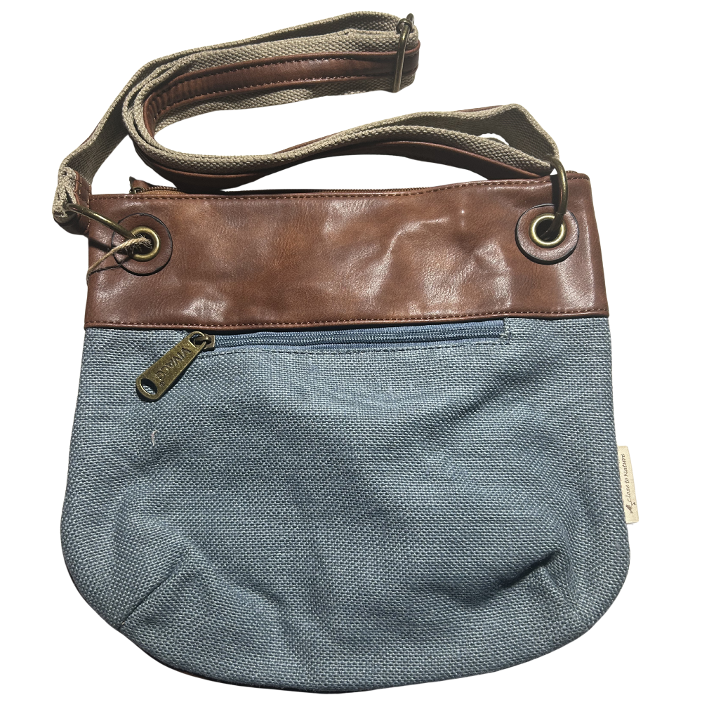 Vivace Sling Bag: BLUE Hessian and Leather bag and Embroidery BACK VIEW