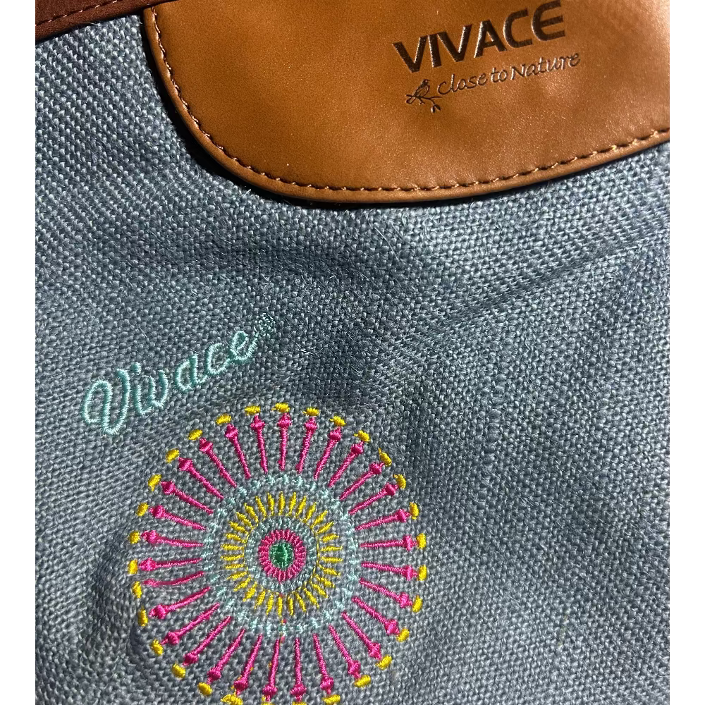 Vivace Sling Bag: BLUE Hessian and Leather bag and Embroidery DETAIL
