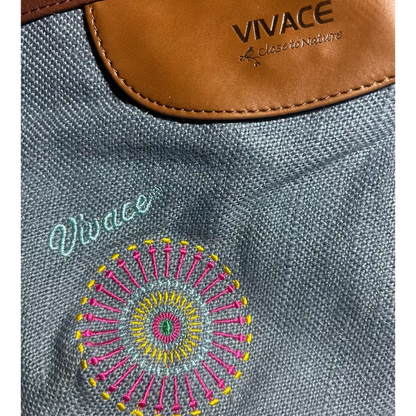 Vivace Sling Bag: BLUE Hessian and Leather bag and Embroidery DETAIL