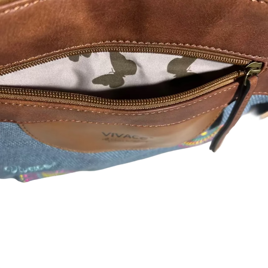 Vivace Sling Bag: BLUE Hessian and Leather bag and Embroidery FRONT POCKET