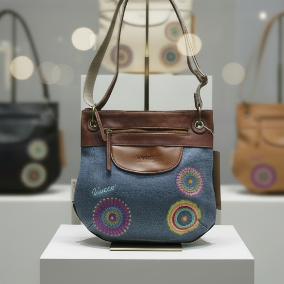 Vivace Sling Bag: BLUE Hessian and Leather bag and Embroidery LIFESTYLE