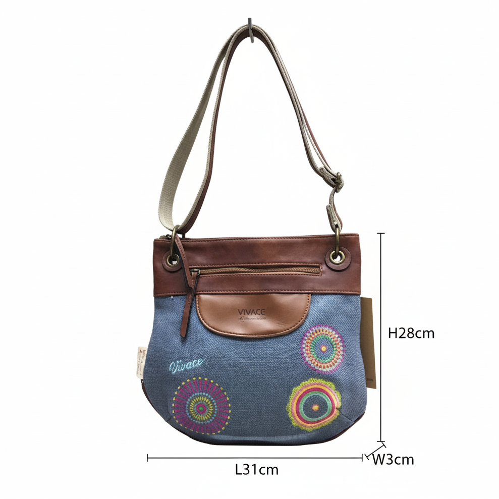 Vivace Sling Bag: BLUE Hessian and Leather bag and EmbroiderySIZE