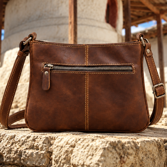 Vivace Sling Bag: BROWN Genuine Leather Crossbody Bag with Ornate Stitching HERO