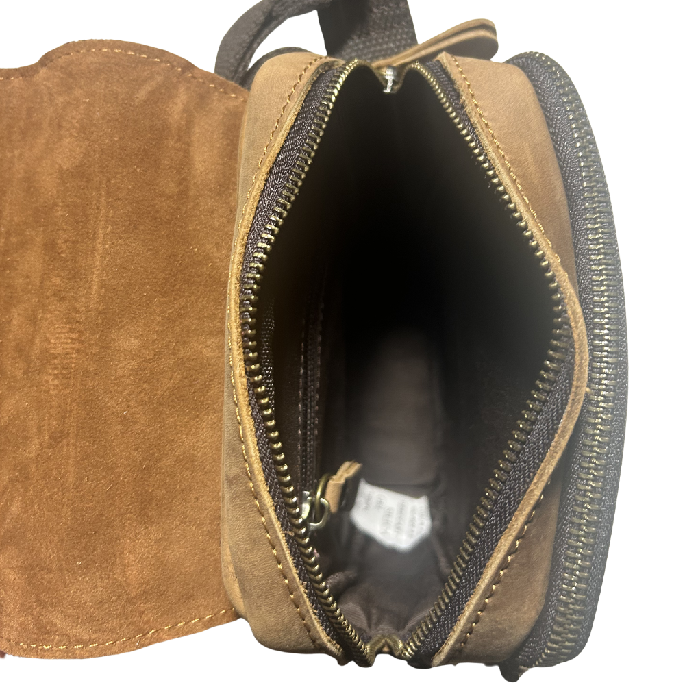 Vivace Sling Bag: BROWN Genuine Leather Messenger Bag top main compartment open view 