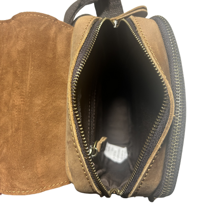 Vivace Sling Bag: BROWN Genuine Leather Messenger Bag top main compartment open view 