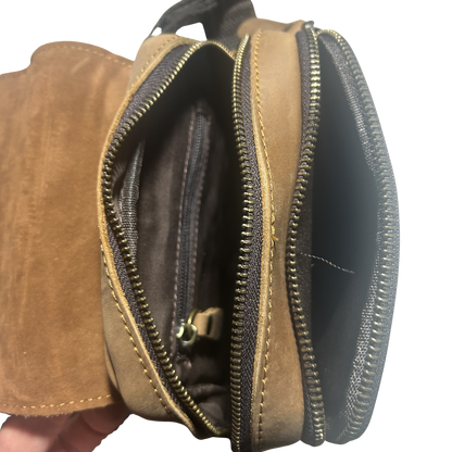 Vivace Sling Bag: BROWN Genuine Leather Messenger Bag top main compartment open view top open view 