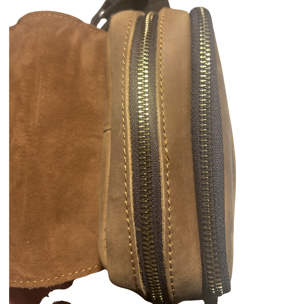 Vivace Sling Bag: BROWN Genuine Leather Messenger Bag top main compartment open view top zipped view 