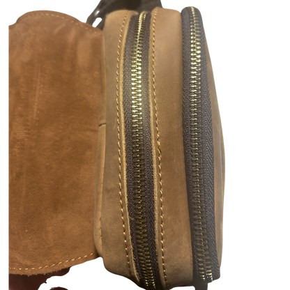 Vivace Sling Bag: BROWN Genuine Leather Messenger Bag top main compartment open view top zipped view 