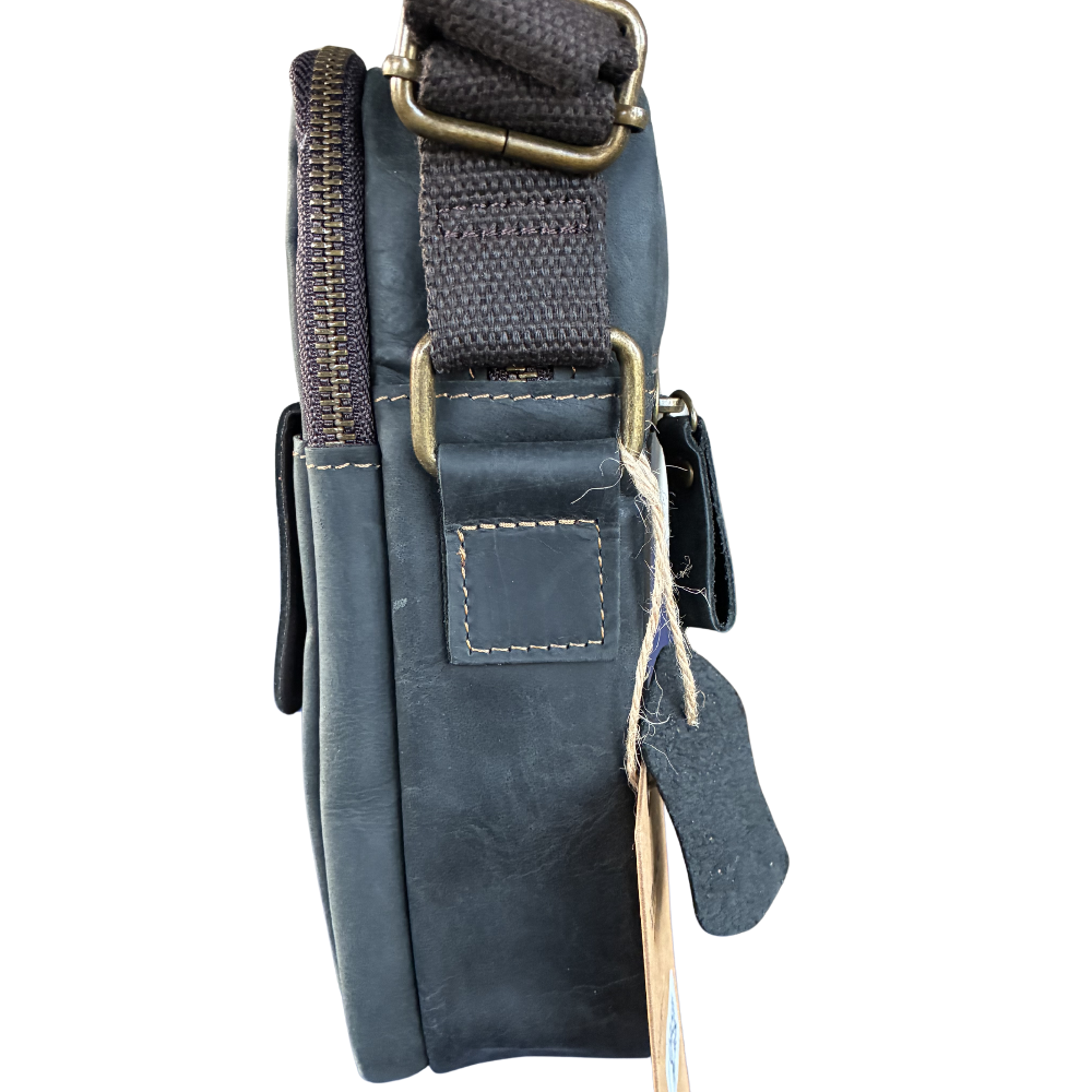 Vivace Sling Bag: CHARCOAL BLACK Genuine Leather with Adjustable Strap SIDE VIEW