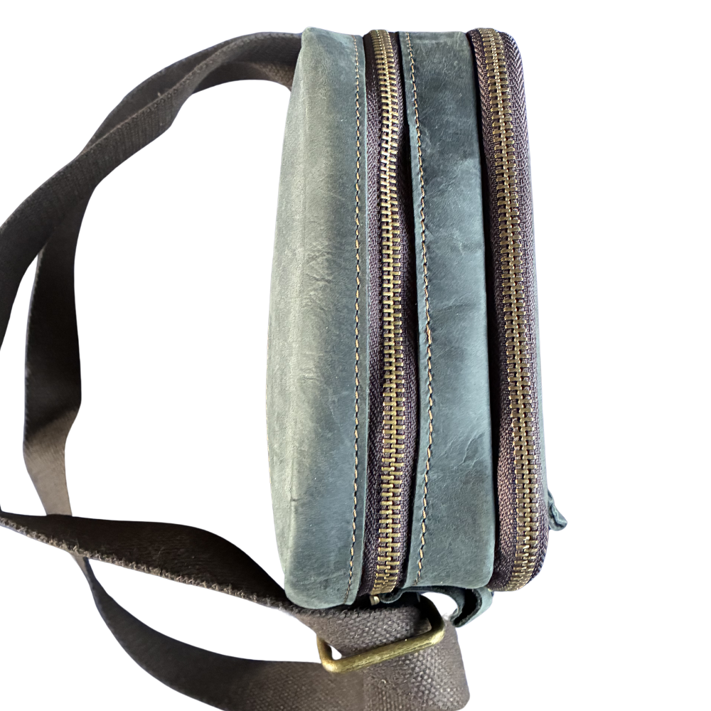 Vivace Sling Bag: CHARCOAL BLACK Genuine Leather with Adjustable Strap TOP ZIPPS CLOSED